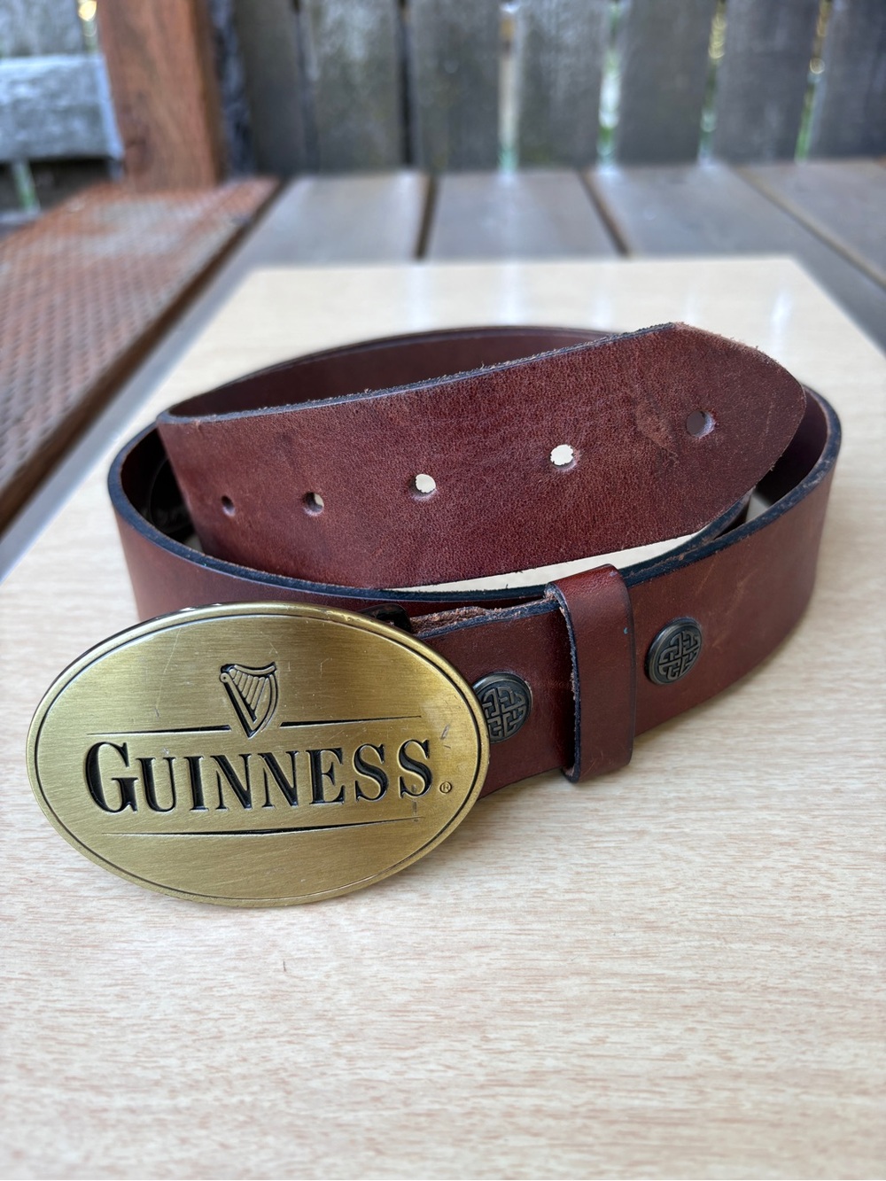 Guinness Lee River Belt Company Vintage Buckle & Brown Leather Belt Sz XL